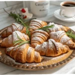Freshly baked Gipfeli arranged on a platter with a cup of Swiss coffee.