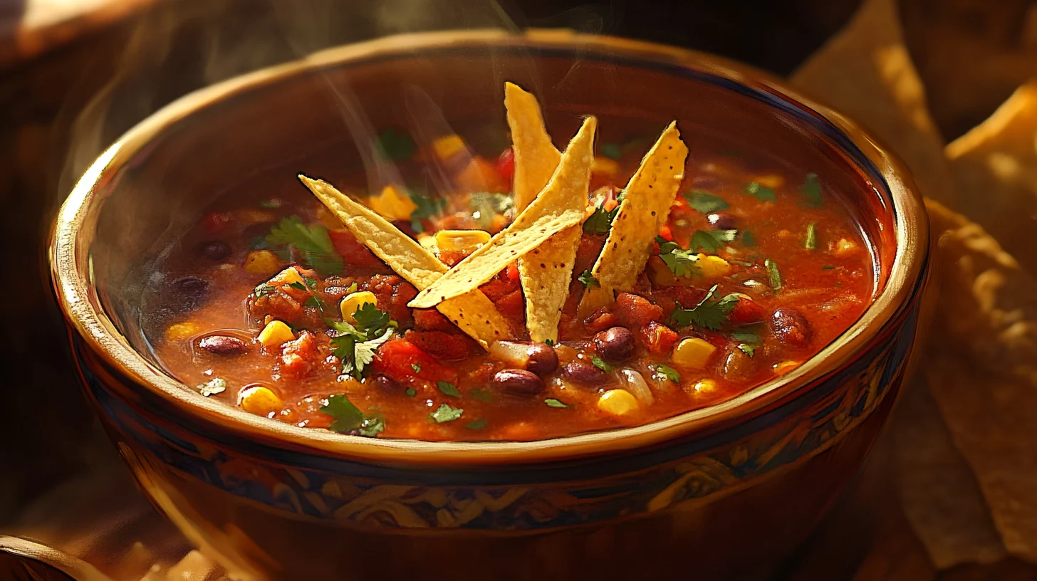 A warm bowl of Taco Soup Frios topped with crispy tortilla strips, melted cheese, and fresh cilantro, served in a rustic bowl with a spoon on the side.