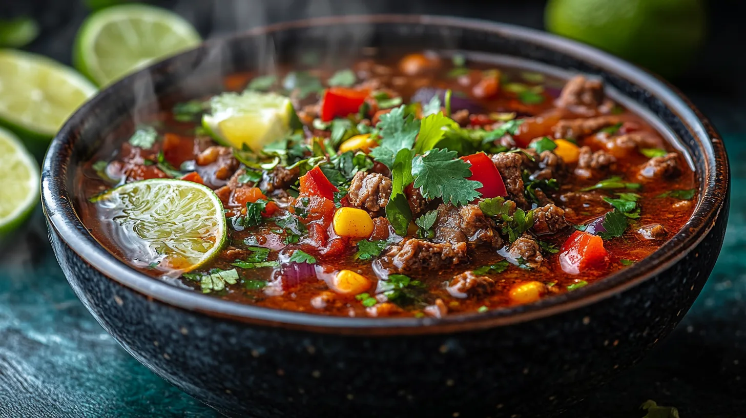 A bowl of Birria Taco Soup garnished with cilantro and lime, showcasing a rich broth, tender meat, and vibrant toppings.
