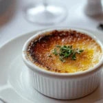Perfectly baked Crab Brulee with caramelized top and garnished with parsley on a decorative plate.