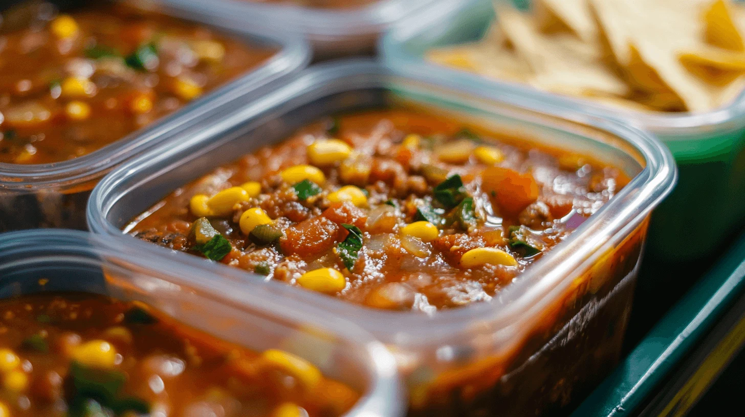 Taco soup stored in a freezer-safe container, showing how long it lasts in the freezer