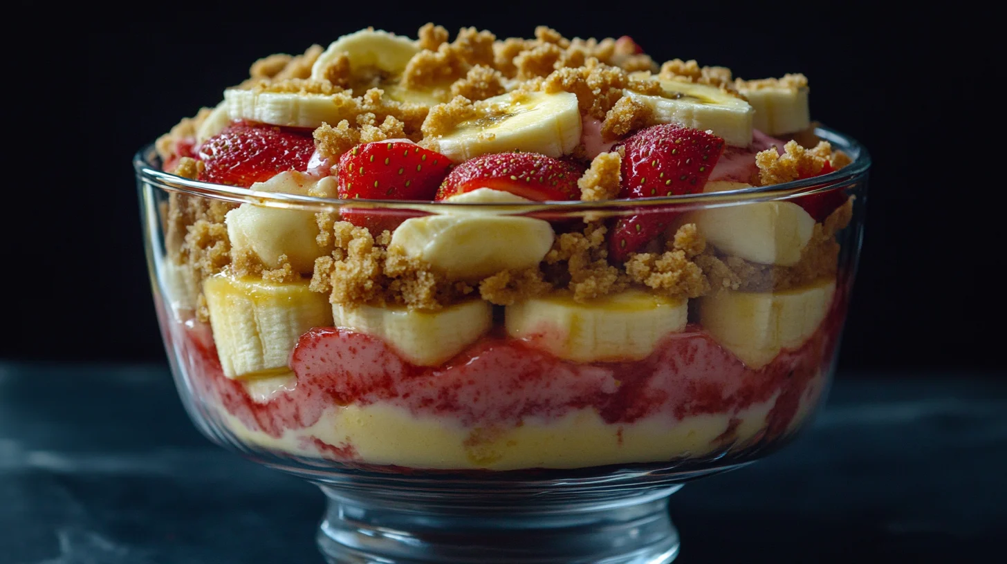 Is it good to mix strawberries and bananas? A delicious layered strawberry and banana pudding dessert in a glass bowl.