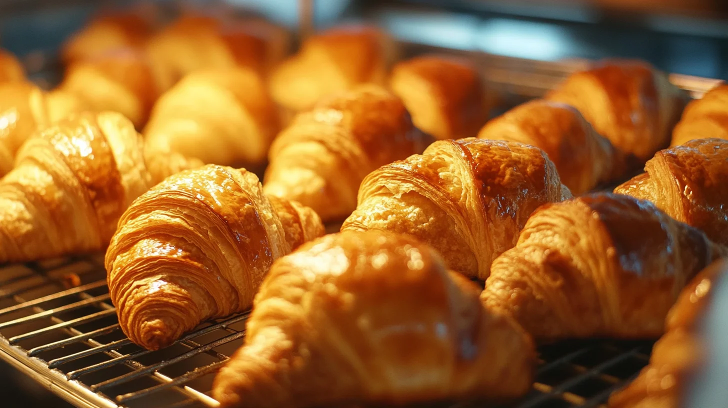 Common Mistakes in Croissants: A close-up view of freshly baked, golden-brown croissants with a flaky, buttery texture.