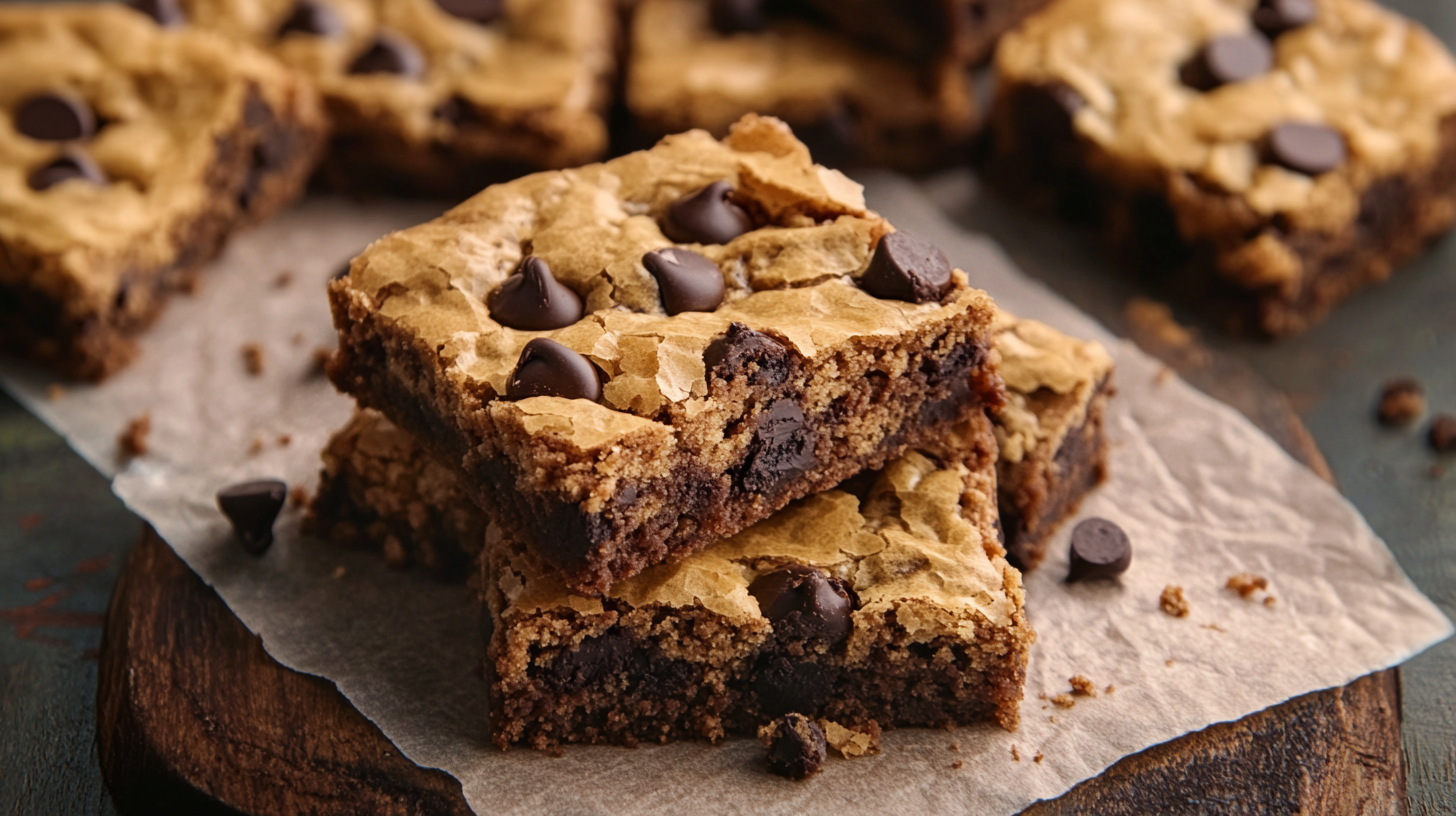 Perfect Brookies Recipe A close-up view of a layered brookie, highlighting the brownie and cookie layers, garnished with chocolate chips.