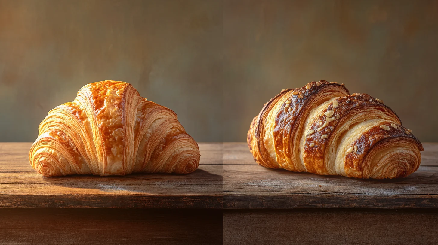 Two golden-brown croissants and Gipfeli pastries displayed on a rustic wooden table.