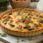 Close-up of a golden-brown sausage quiche with fresh herbs on a rustic wooden table.