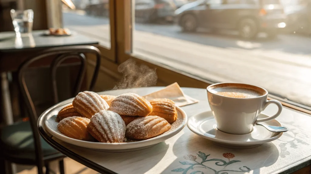 A plate of madeleines with a cup of coffee on a café table.