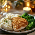 Longhorn Parmesan Crusted Chicken served with garlic mashed potatoes and broccoli.