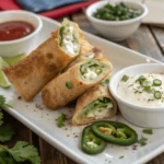 Crispy egg rolls filled with goat cheese and jalapenos on a rustic wooden table.