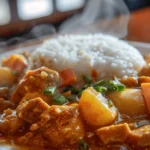 A steaming bowl of Golden Curry Chicken served over fluffy white rice, garnished with fresh cilantro, with a rich golden-colored sauce covering tender chicken and vegetables.