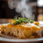 A steaming hot slice of hamburger potato casserole, topped with melted cheese and garnished with fresh herbs.