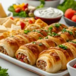 A festive platter of sausage cream cheese crescent rolls with colorful dips and fresh veggies.