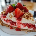 strawberry crunch cheesecake slice with golden cookie topping