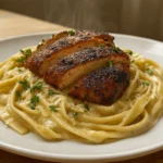 Blackened chicken alfredo pasta close-up