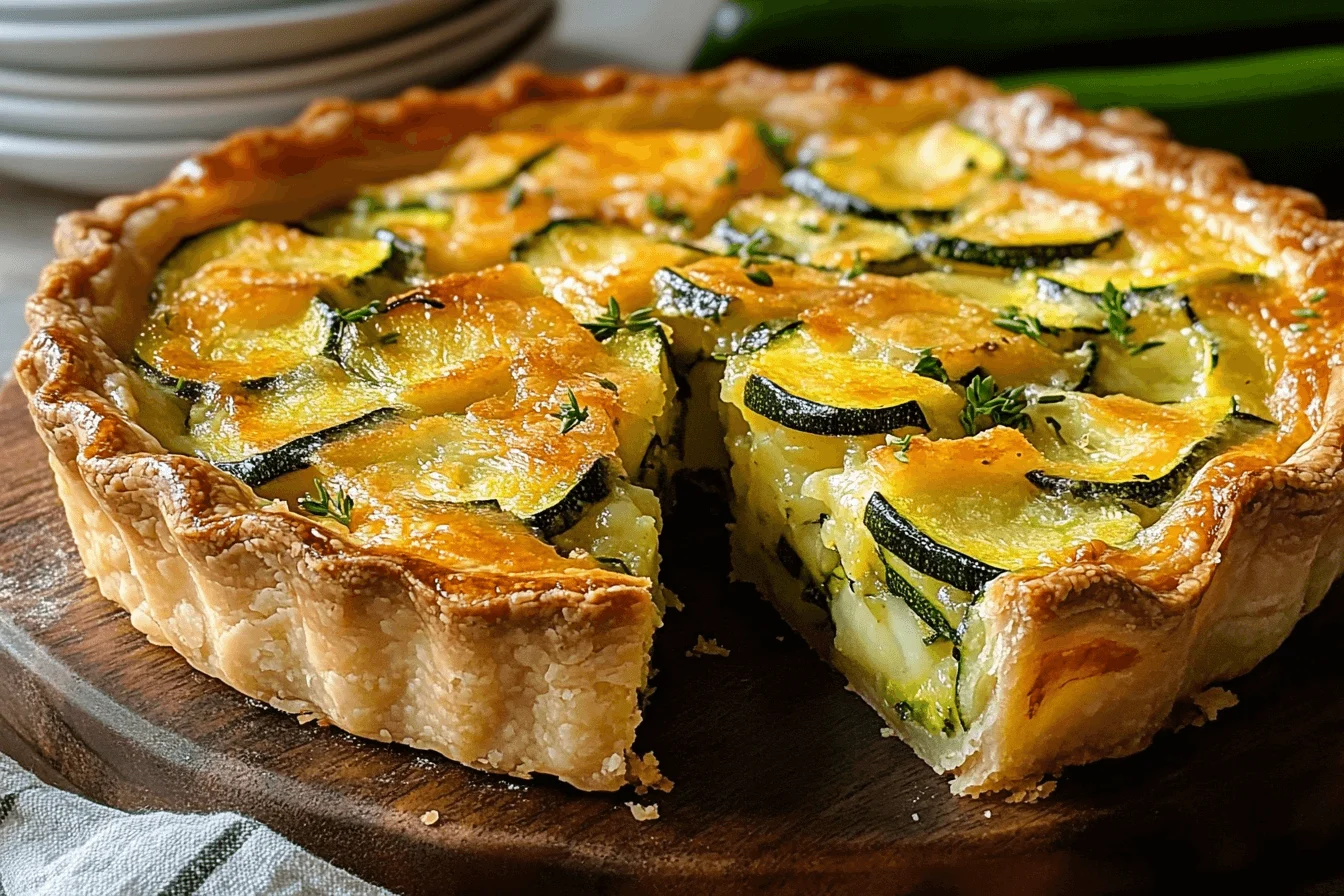freshly baked zucchini pie sliced on a wooden board