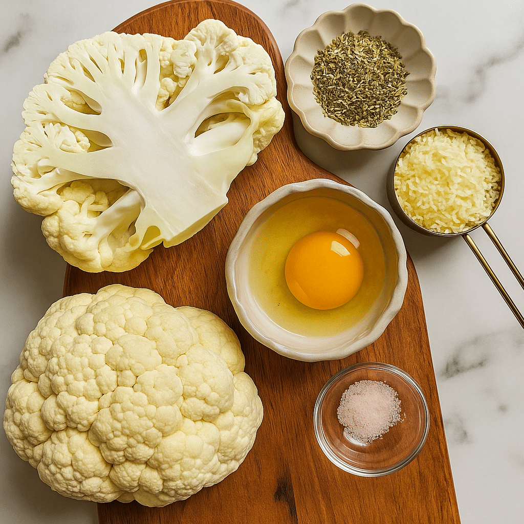 cauliflower pizza crust ingredients on countertop