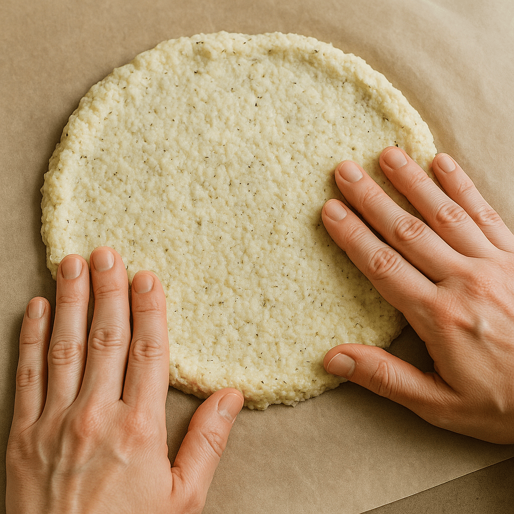 shaping homemade cauliflower pizza crust before baking