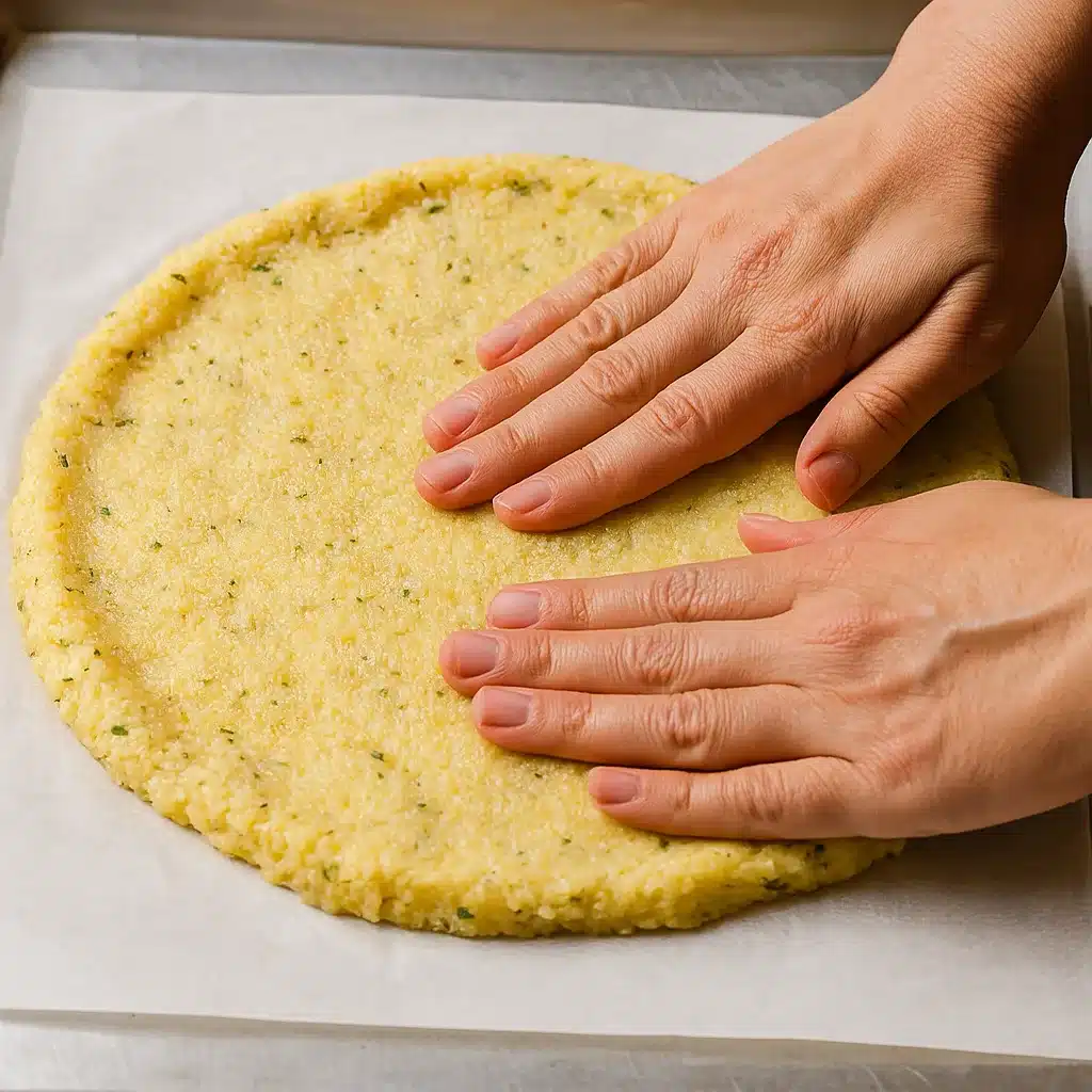 Spreading cauliflower almond pizza crust dough by hand