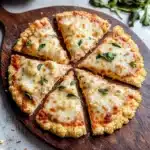 Cauliflower almond pizza crust topped with melted cheese and basil