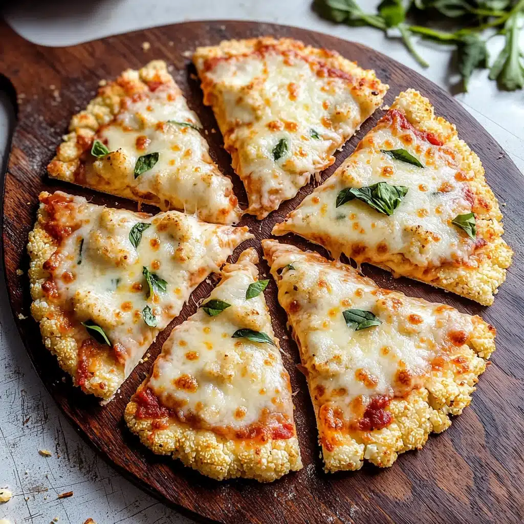 Cauliflower almond pizza crust topped with melted cheese and basil