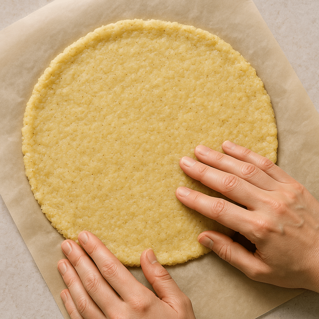 Shaping keto cauliflower pizza dough before baking