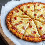 Low-carb cauliflower crust pepperoni pizza topped with melted cheese, sliced into eight pieces