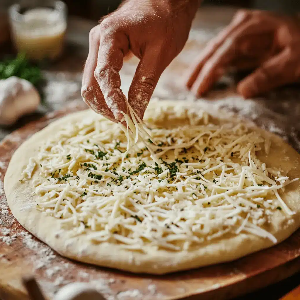 shrimp-pizza-step1.jpg Preparing shrimp pizza with garlic butter and cheese