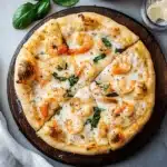 Shrimp pizza with golden crust and basil