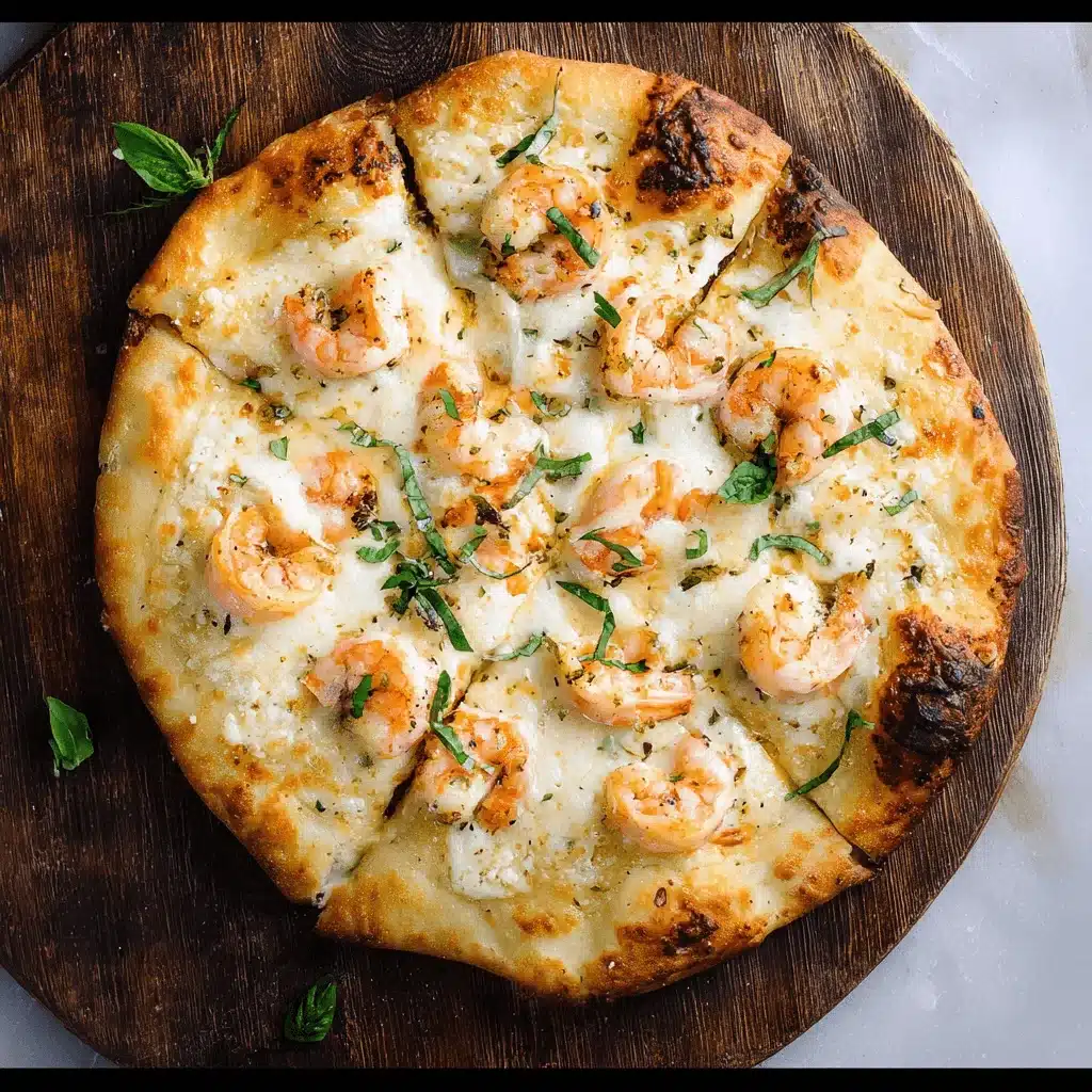 Shrimp pizza with golden crust and basil